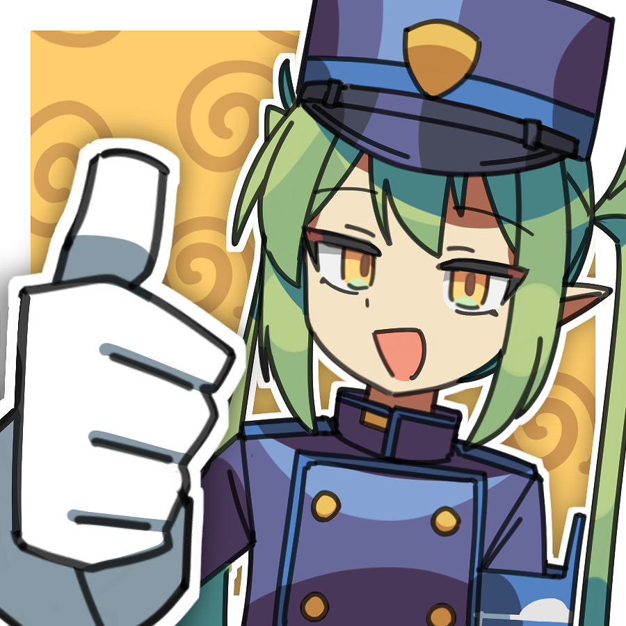 1girl armband blue_archive blue_armband border buttons double-breasted gloves green_hair hand_up hat jacket long_hair long_sleeves looking_at_viewer nozomi_(blue_archive) open_mouth peaked_cap pointy_ears sidelocks solo spiral_background straight_hair thumbs_up tsunderemaids twintails upper_body white_border white_gloves yellow_background