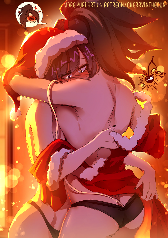 2girls ass black_hair black_nails black_panties blush boku_no_hero_academia breasts butt_crack cherry_in_the_sun christmas closed_mouth flustered grey_eyes hat heart hug jiro_kyoka jiro_kyoka large_breasts long_hair medium_hair multiple_girls paid_reward_available panties ponytail santa_costume santa_hat smile topless_female underwear yaoyorozu_momo yuri
