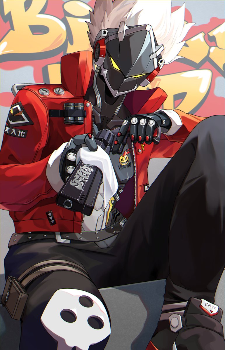 1boy belt billy_kid black_belt black_shoes character_name cleaning cleaning_gun cleaning_weapon commentary cropped_legs cyborg graffiti gun handgun hands_up high_collar holding holding_gun holding_weapon holster jacket knee_pads knee_up kumaihaku male_focus open_clothes open_jacket red_jacket revolver shoes single_knee_pad sitting sneakers solo spiked_hair weapon white_hair yellow_eyes zenless_zone_zero