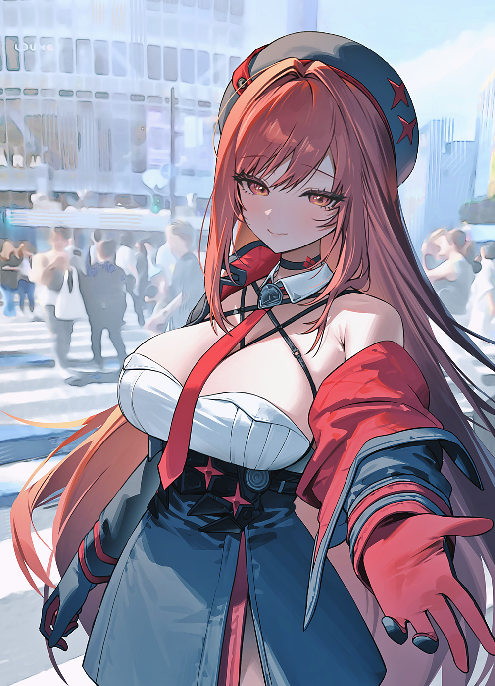 1girl bare_shoulders beret black_choker black_hat black_skirt blurry blurry_background breasts brown_eyes choker cleavage closed_mouth commentary detached_collar goddess_of_victory:_nikke hair_intakes hat high-waist_skirt highres jacket large_breasts long_hair looking_at_viewer miniskirt necktie off_shoulder official_alternate_design official_alternate_hair_color outstretched_hand people photo_background rapi_(nikke) rapi_(red_hood)_(nikke) real_world_location red_hair red_jacket red_necktie shibuya_(tokyo) shibuya_scramble_crossing skirt smile solo_focus tokyo_(city) two-tone_gloves very_long_hair zhu_yin_(mannermana)