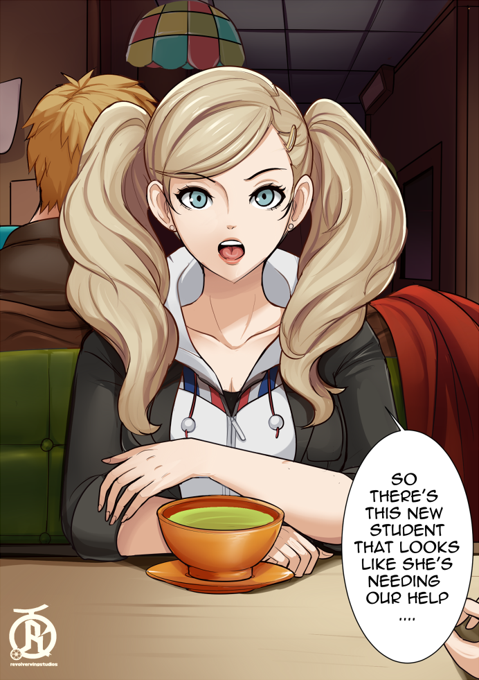 1boy 1girl 1other arm_rest blonde_hair blue_eyes breasts cafe cleavage earrings english_text green_tea hair_ornament hairclip hood hoodie indoors jewelry large_breasts long_hair looking_at_viewer matcha_(food) open_mouth persona persona_5 pov revolverwing solo_focus speech_bubble stud_earrings table takamaki_anne talking tea twintails zipper_pull_tab