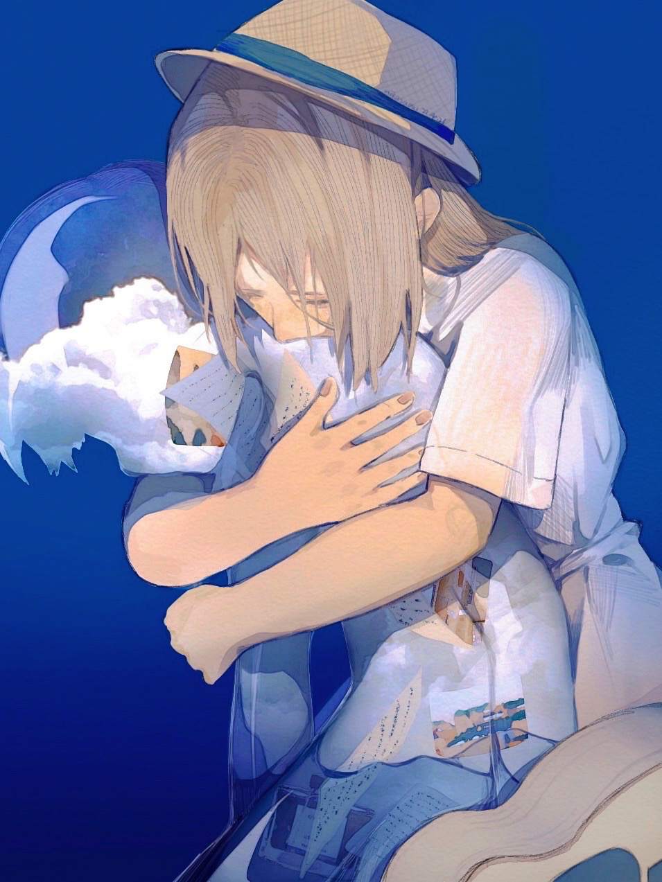 1girl blonde_hair blue_background closed_eyes cloud commentary hat highres hug hug_from_behind long_hair mikasamu original paper short_sleeves