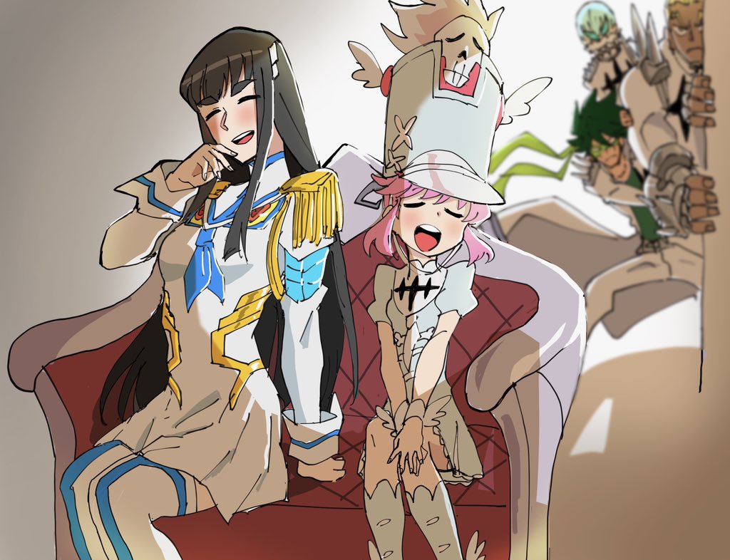2girls 3boys blue_neckwear blush boots couch dress closed_eyes gamagoori_ira inumuta_houka jakuzure_nonon kill_la_kill kiryuuin_satsuki laughing multiple_boys multiple_girls necktie potomithu sanageyama_uzu tagme thighhighs white_legwear