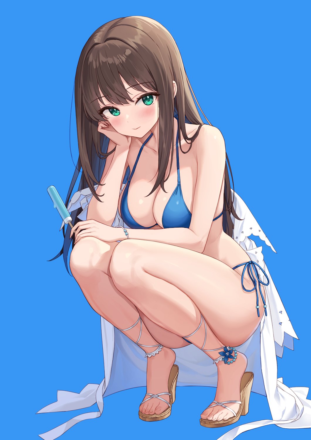 1girl ankle_lace-up bikini blue_background blue_bikini bracelet breasts brown_hair cleavage curvy food green_eyes halterneck hamahama head_on_hand high_heels highres holding holding_food holding_popsicle idolmaster idolmaster_cinderella_girls jewelry large_breasts light_blush long_hair looking_at_viewer off-shoulder_shirt off_shoulder open_clothes open_shirt popsicle sandals shibuya_rin shirt side-tie_bikini_bottom simple_background smile solo squatting string_bikini swimsuit thick_thighs thighs white_shirt