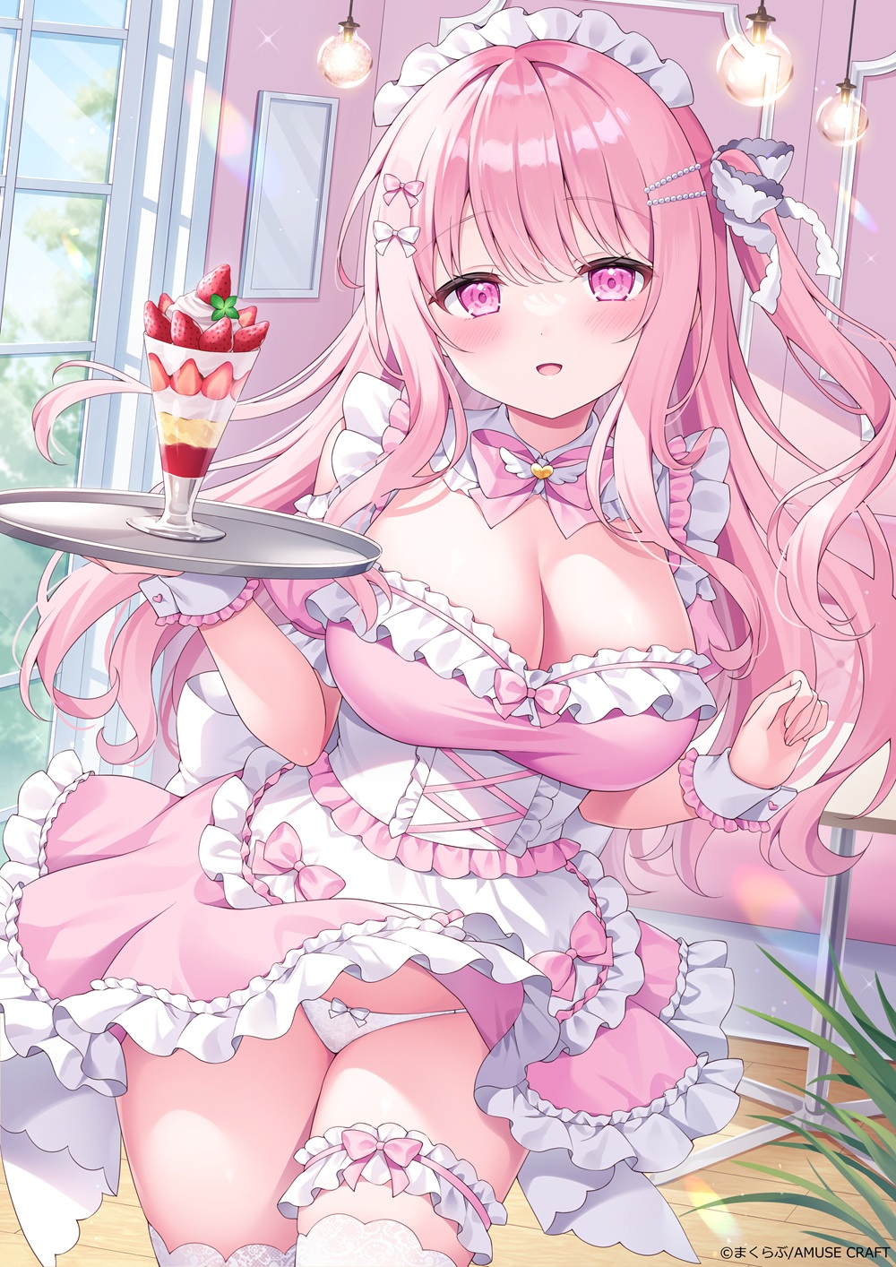 1girl :d back_bow blush bow bow_panties bowtie breasts cleavage commentary_request copyright_name cowboy_shot dot_nose dress food frilled_dress frilled_thigh_strap frilled_wrist_cuffs frills hair_bow hair_ribbon highres holding holding_tray indoors large_breasts long_hair looking_at_viewer maid maid_headdress open_mouth original panties parfait pink_bow pink_bowtie pink_dress pink_eyes pink_hair puffy_short_sleeves puffy_sleeves ribbon shiono_(0303) short_sleeves sidelocks smile solo strawberry_parfait thigh_strap thighhighs tray underwear white_bow white_panties white_ribbon white_thighhighs white_wrist_cuffs window wrist_cuffs