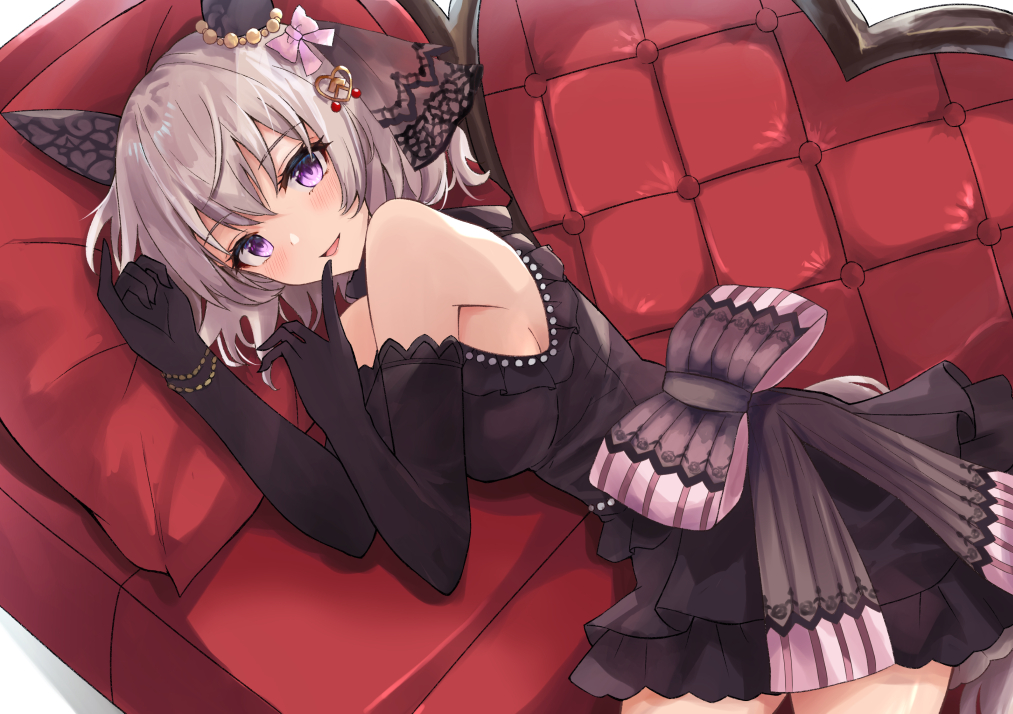 1girl animal_ears armpits bare_shoulders black_dress black_gloves couch curren_chan_(sakutsuki_ma_cherie)_(umamusume) curren_chan_(umamusume) dress ear_covers elbow_gloves gloves horse_ears horse_girl looking_at_viewer lying nasupon_54115 on_couch purple_eyes short_hair smile solo umamusume