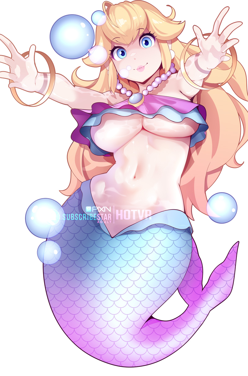 1girl bare_shoulders blonde_hair blue_eyes blue_scales bracelet breasts commentary english_commentary gold_bracelet highres hot_vr jewelry large_breasts lips long_hair looking_at_viewer mario_(series) mermaid mermaid_peach monster_girl navel necklace nintendo pearl_necklace pink_scales pixiv_username princess_peach princess_peach:_showtime! scales simple_background solo stomach subscribestar_username underboob white_background
