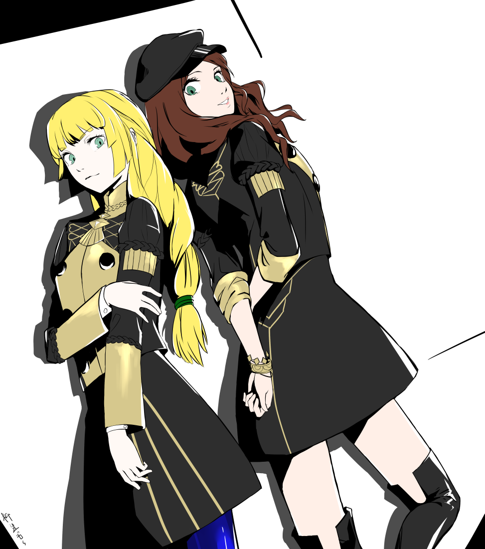 2girls back-to-back braid braided_ponytail dorothea_arnault fire_emblem fire_emblem:_three_houses garreg_mach_monastery_uniform green_eyes hat ingrid_brandl_galatea long_hair multiple_girls nintendo simple_background smile soejima_shigenori_(style) user_gkuw4243