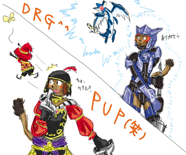 00s 3girls bad_anatomy dragoon dragoon_(final_fantasy) final_fantasy final_fantasy_xi mithra_(ff11) multiple_girls poorly_drawn puppetmaster simple_background translated white_background