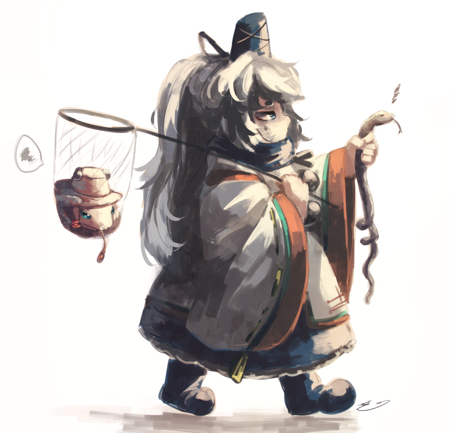 1girl blue_eyes female_focus grey_hair hand_net hat koto_inari long_hair mononobe_no_futo moriya_suwako moriya_suwako_(frog) net ponytail solo tate_eboshi touhou yasaka_kanako yasaka_kanako_(snake)