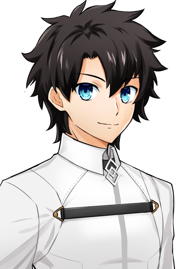 1boy black_hair blue_eyes chaldea_uniform commentary_request fate/grand_order fate_(series) fujimaru_ritsuka_(male) jacket male_focus simple_background smile solo torinonest upper_body white_background white_jacket