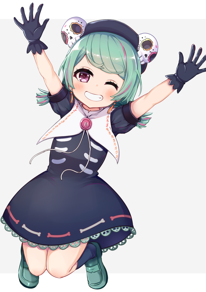 1girl arms_up beret black_dress black_gloves black_hat black_socks blush commentary dress earrings female_focus full_body gloves green_hair green_shoes grey_background grin hat hat_ornament jewelry kneehighs koga_rejini loafers long_hair multicolored_hair o/ one_eye_closed outstretched_arms pink_hair puffy_short_sleeves puffy_sleeves purple_eyes saeki_yahiro shoes short_sleeves skull_hat_ornament smile socks solo streaked_hair two-tone_background virtual_youtuber white_background yahiro_no_oheya