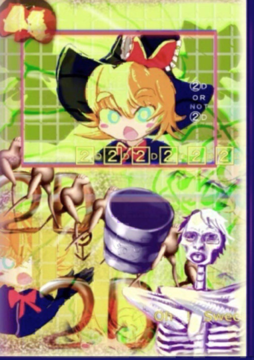 1boy 2d_or_not_2d 2girls abeboukou abstract album_cover_redraw bad_id bad_nicoseiga_id black_capelet black_headwear blonde_hair blue_eyes blush_stickers bow bright_pupils bucket capelet chestnut_mouth commentary_request cookie_(touhou) creature derivative_work glasses grid_background hat hat_bow hirasawa_susumu kirisame_marisa looking_at_viewer manatsu_no_yo_no_inmu meguru_(cookie) miura_meat multiple_girls open_mouth p-model parody red_bow short_hair skeleton style_parody tongue tongue_out touhou upper_body very_short_hair white_pupils witch_hat yuuhi_(cookie)