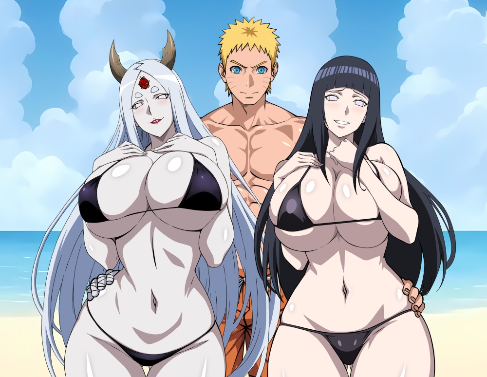 1boy 2girls bikini black_hair blonde_hair blue_eyes blush boruto:_naruto_next_generations breasts byakugan colored_skin facial_mark fingernails hand_on_another&#039;s_waist harem horns hyuuga_hinata large_breasts lipstick long_hair looking_at_viewer makeup multiple_girls nail_polish naruto:_the_last naruto_(series) naruto_shippuuden navel no_pupils ootsutsuki_kaguya pale_skin purple_eyes red_eyes red_lips rinne_sharingan short_eyebrows short_hair smile spiked_hair swimsuit thick_eyebrows third_eye uzumaki_naruto very_long_hair whisker_markings white_eyes white_hair yxyyxy