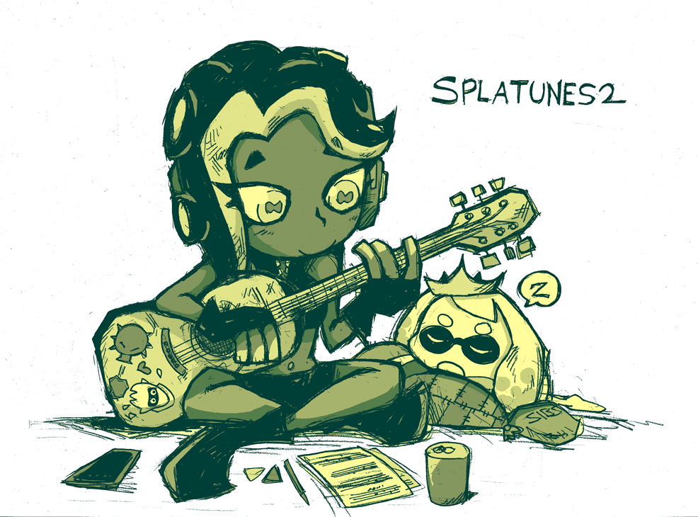 2girls blooper_(mario) can closed_mouth clothing_cutout crop_top dark-skinned_female dark_skin fingerless_gloves gloves green_theme guitar holding holding_instrument horizontal_pupils indian_style inkling instrument marina_(off_the_hook_outfit)_(splatoon) marina_(splatoon) mario_(series) multiple_girls music navel_cutout navel_piercing nintendo octoling octorok open_mouth paper pearl_(splatoon) piercing playing_instrument plectrum pun setz shirt shorts simple_background sitting sleeping sleeveless sleeveless_shirt smile speech_bubble splatoon_(series) splatoon_2 spoken_zzz tentacle_hair the_legend_of_zelda white_background zzz