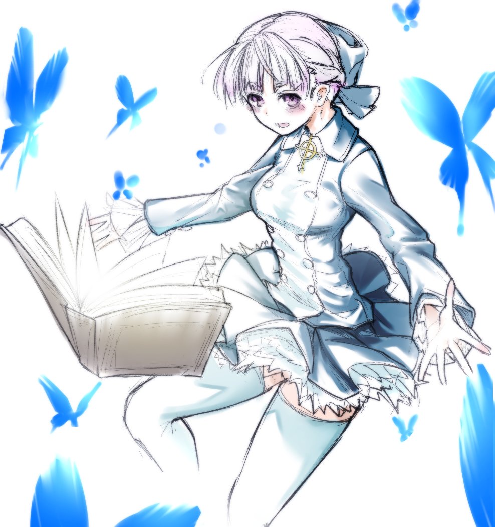 1girl alice_elliot book bow breasts bug butterfly buttons dress hair_bow insect looking_at_viewer mitsukuni open_mouth shadow_hearts short_hair silver_hair skirt solo thighhighs white_thighhighs