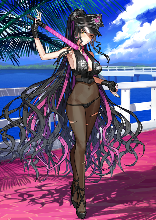1girl arm_up black_gloves black_hair black_hat black_panties black_pantyhose black_sandals black_vest blue_sky breasts chaldea_logo cleavage closed_mouth cloud covered_navel crossed_legs dock earrings embarrassed fate/grand_order fate_(series) fingerless_gloves fingernails floating_hair frown full_body game_cg gloves hand_up hat high-waist_pantyhose high_ponytail holding_baton jewelry lake large_breasts long_hair looking_at_viewer lowleg lowleg_panties mountainous_horizon multicolored_hair narrow_waist necktie no_shirt official_art ok_sign palm_tree panties panties_over_pantyhose pantyhose peaked_cap pink_nails pink_necktie pink_streaks platform_sandals ponytail sandals see-through_pantyhose sessyoin_kiara sessyoin_kiara_(swimsuit_mooncancer) sessyoin_kiara_(swimsuit_mooncancer)_(second_ascension) short_necktie sideboob sky small_sweatdrop solo standing streaked_hair third-party_source torn_clothes torn_pantyhose traffic_baton tree underbust underwear variant_set very_long_hair vest wada_arco wide_ponytail zipper zipper_pull_tab