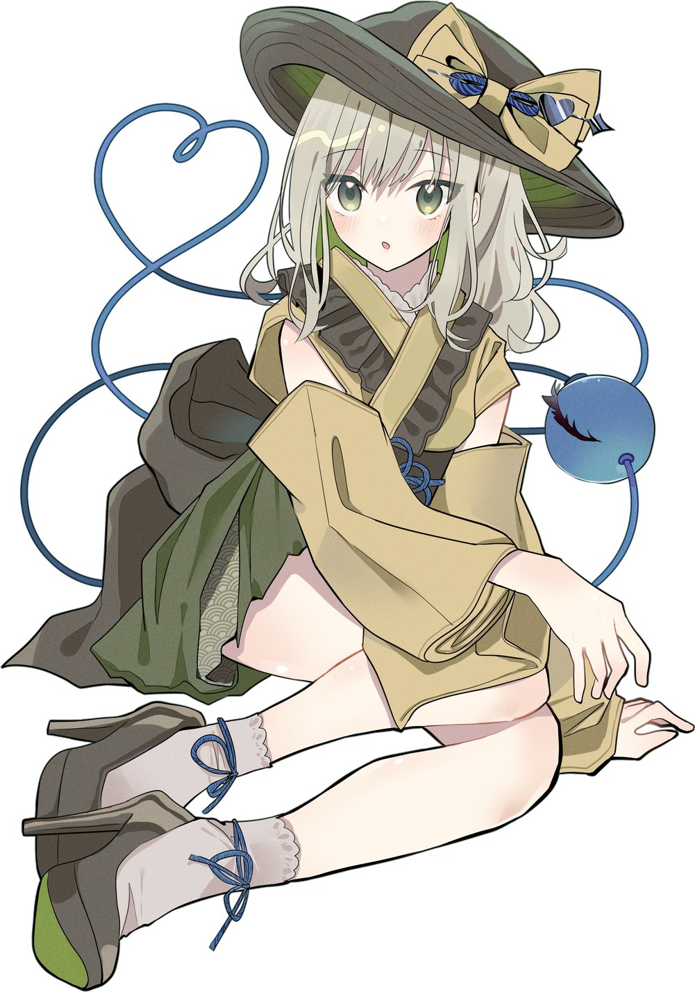 1girl adapted_costume black_hat bow commentary_request detached_sleeves eyeball green_eyes green_hair green_skirt hat hat_bow hat_ornament heart heart_hat_ornament heart_of_string high_heels highres japanese_clothes kimono komeiji_koishi looking_at_viewer obi open_mouth sash shoes simple_background skirt socks solo tamagogayu1998 third_eye touhou white_background white_socks yellow_bow yellow_kimono