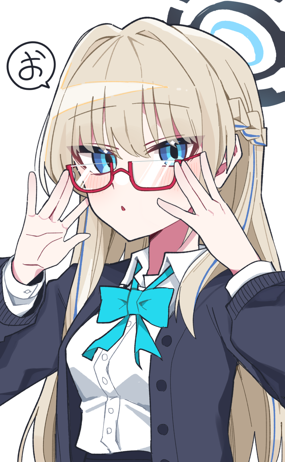 1girl :o \||/ aqua_bow aqua_bowtie bespectacled black_cardigan blonde_hair blue_archive blue_hair blush bow bowtie braid breasts cardigan commentary_request glasses hair_intakes half_up_braid halo highres jamongssui korean_commentary long_hair looking_at_viewer loose_bowtie medium_breasts multicolored_hair red-framed_eyewear school_uniform semi-rimless_eyewear shirt simple_background solo speech_bubble streaked_hair toki_(blue_archive) toki_(school_uniform)_(blue_archive) translation_request two-tone_hair under-rim_eyewear upper_body very_long_hair white_background white_shirt