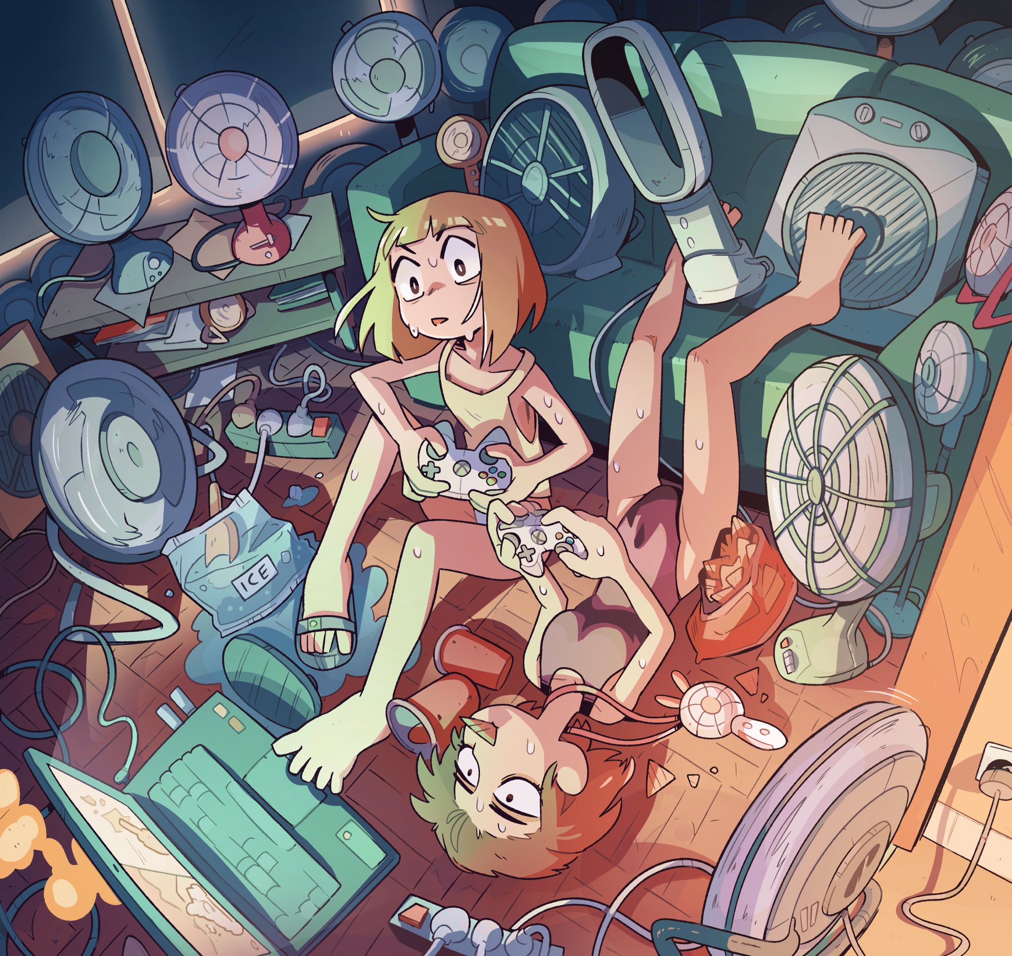 2girls bag_of_chips barefoot bladeless_fan blonde_hair bob_cut breasts brown_hair carles_dalmau computer controller couch eating electric_fan female_focus focused food game_controller grey_leotard highres indoors laptop leotard lying messy_room multiple_girls original panties playing_games power_strip sandals sanpaku shelf shoes single_shoe sitting small_breasts tank_top underwear water xbox_controller