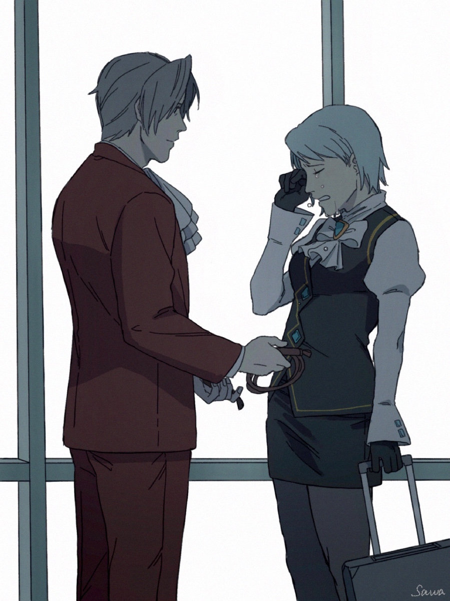 1boy 1girl ace_attorney artist_name ascot black_leggings black_vest brooch crying franziska_von_karma from_side highres holding holding_suitcase holding_whip jacket jewelry juliet_sleeves leggings long_sleeves miles_edgeworth miniskirt parted_bangs phoenix_wright:_ace_attorney_-_justice_for_all puffy_sleeves red_jacket sawa_(2384) shirt short_hair skirt slice_of_life suitcase teardrop tears vest white_ascot white_shirt wiping_tears