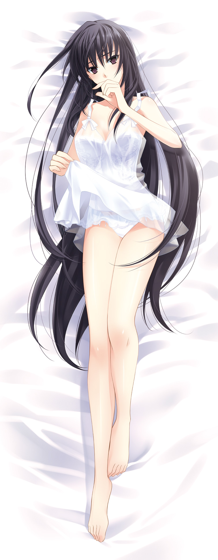 1girl bare_legs barefoot bed_sheet black_eyes black_hair breasts cleavage clothes_lift dakimakura_(medium) dress dress_lift ever_17 female_focus full_body highres komachi_tsugumi legs lingerie long_hair looking_at_viewer lying negligee nightgown on_back panties see-through_clothes shiny_skin solo takigawa_yuu underwear very_long_hair