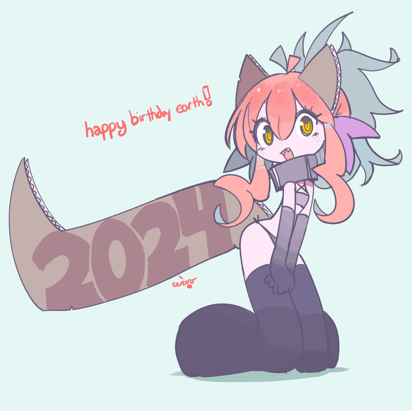 2024 ahoge bikini black_thighhighs cardboard ceroro character_request chibi copyright_request dragon_tail fang happy_birthday happy_new_year highres long_hair new_year red_hair swimsuit tail thighhighs yellow_eyes zettai_ryouiki