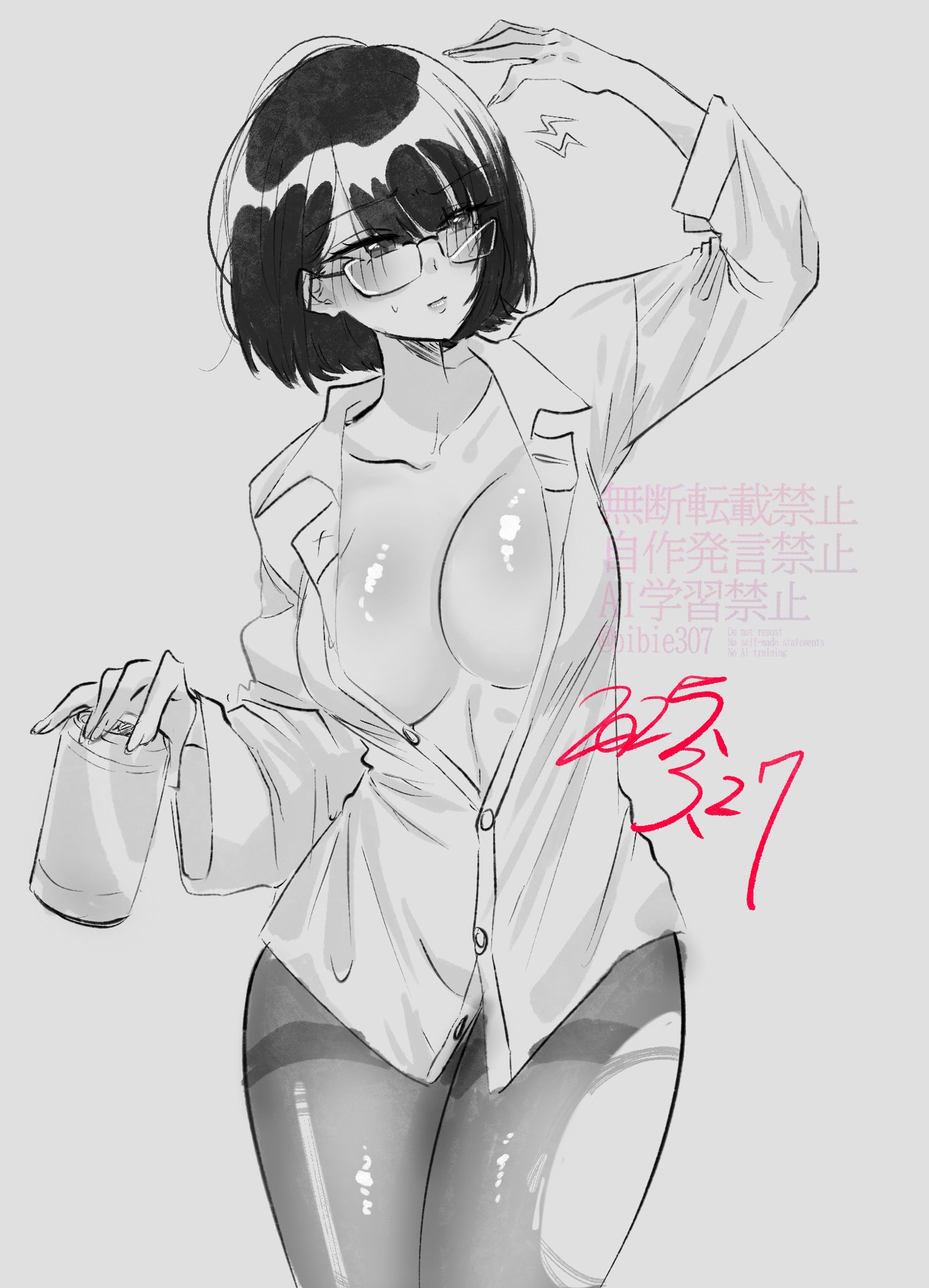 1girl bibie307 breasts can dated glasses goddess_of_victory:_nikke greyscale highres holding holding_can large_breasts long_sleeves mana_(nikke) medium_hair monochrome naked_shirt pantyhose shirt solo thighband_pantyhose