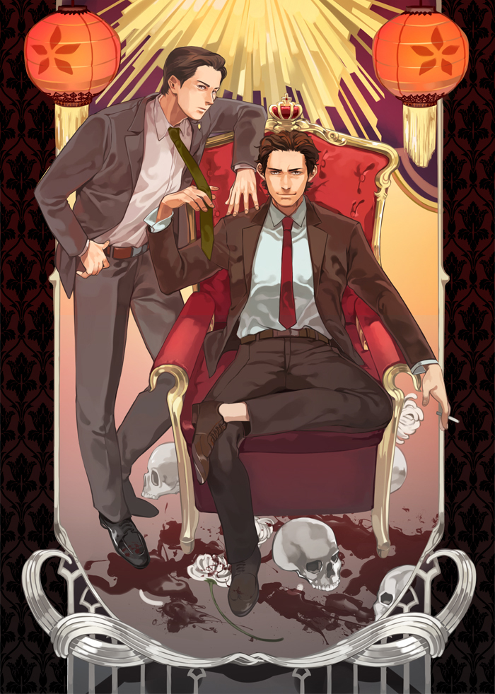 2boys belt between_fingers black_jacket black_pants border brown_belt brown_hair chair cigarette clothes_grab flower full_body green_necktie grey_jacket grey_pants halorane holding holding_cigarette jacket jung_chung lantern leaning lee_ja-sung long_sleeves male_focus multiple_boys necktie necktie_grab neckwear_grab ornate_border pants paper_lantern red_necktie shirt sinsegye sitting skull smile spider_lily standing white_flower white_jacket white_shirt white_spider_lily