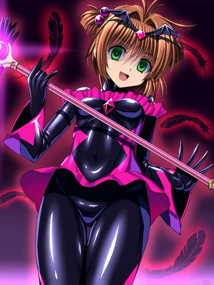 1girl :d alternate_costume antenna_hair aura bad_end_happy bad_end_happy_(cosplay) bad_end_precure bat_wings black_bodysuit black_gloves bodysuit breasts brown_hair cardcaptor_sakura corruption cosplay covered_navel cowboy_shot crazy_smile dark_persona dress empty_eyes eyeshadow feathers female_focus frills from_below fuuin_no_tsue gem gloves glowing gradient_background green_eyes hair_bobbles hair_intakes hair_ornament holding kinomoto_sakura latex latex_dress latex_gloves latex_suit looking_at_viewer magical_girl makeup microskirt open_mouth pleated_skirt precure purple_background sen_(sansui) shiny_clothes short_hair signature skin_tight skirt small_breasts smile smile_precure! solo thigh_gap thighs tiara turtleneck two_side_up wand wide_sleeves wings