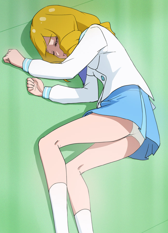 1girl blonde_hair blue_skirt closed_eyes drill_hair female_focus haruyama_kazunori himenojou_sakurako long_sleeves lying mihoshi_middle_school_uniform panties precure school_uniform short_hair skirt socks solo star_twinkle_precure underwear white_panties white_socks