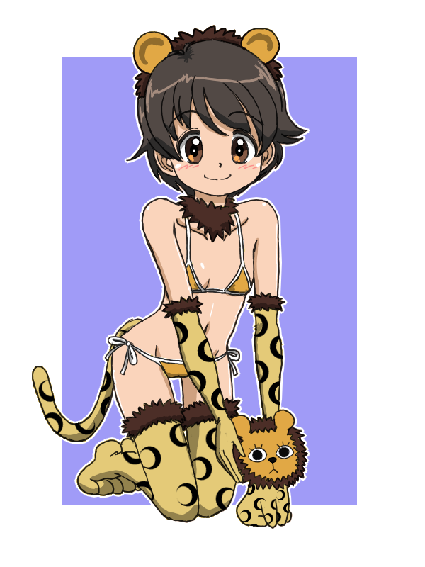 1girl animal_ears animal_print bikini blue_background border brown_eyes brown_hair closed_mouth elbow_gloves fur_collar girls_und_panzer gloves groin halterneck kneeling leaning_forward leopon_(animal) looking_at_viewer micro_bikini nakajima_(girls_und_panzer) navel orange_bikini orange_gloves orange_thighhighs outline outside_border paw_shoes print_gloves print_thighhighs short_hair side-tie_bikini_bottom smile solo string_bikini stuffed_toy swimsuit tail takahashi_kurage thigh_gap thighhighs white_border white_outline