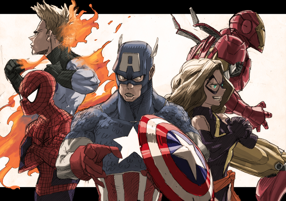 &gt;:d 1girl 4boys :d animal_print animification bad_id bad_pixiv_id bare_shoulders black_gloves blonde_hair blue_bodysuit bodysuit border captain_america captain_america_(series) carol_danvers crossed_arms domino_mask elbow_gloves fantastic_four fighting_stance gloves green_eyes horikoshi_kouhei iron_man johnny_storm letterboxed long_hair marvel mask ms._marvel ms_marvel multiple_boys open_mouth own_hands_clasped own_hands_together red_gloves shield simple_background smile spider-man spider-man_(series) spider_web_print spiked_hair standing steve_rogers superhero_costume teeth tony_stark upper_body v-shaped_eyebrows white_background