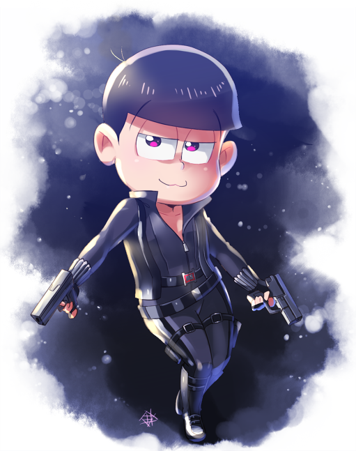 10s 1boy :3 ahoge alternate_costume avengers_(series) bad_id bad_pixiv_id belt black_boots black_gloves black_hair black_widow black_widow_(cosplay) bodysuit boots closed_mouth cosplay dual_wielding eyebrows finger_on_trigger fingerless_gloves full_body gloves gun handgun hariyama_(toubou_tengoku) holding holding_gun holding_weapon holster long_sleeves looking_at_viewer male_focus marvel matsuno_todomatsu osomatsu-kun osomatsu-san osomatsu_(series) pink_eyes signature solo standing thigh_holster thigh_strap weapon zipper
