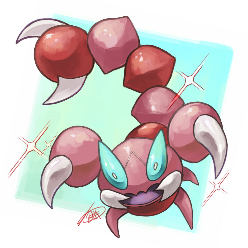 alternate_color aqua_eyes claws commentary_request full_body gen_4_pokemon nintendo no_humans open_mouth pokemon pokemon_(creature) pokemon_focus shiny_pokemon signature skorupi solo sparkle warabimoti168