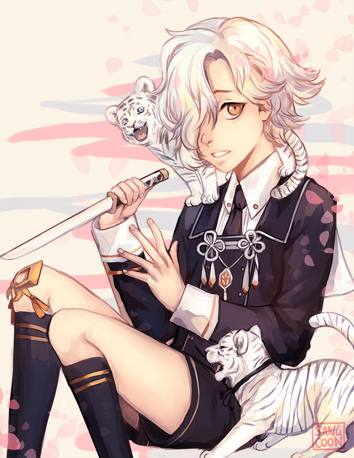 10s 1boy animal animal_on_shoulder artist_name gokotai gokotai&#039;s_tigers hair_over_one_eye holding holding_sword holding_weapon male_focus military military_uniform orange_eyes sangcoon short_sword shorts signature socks sword tantou tiger tiger_cub touken_ranbu weapon white_hair white_tiger