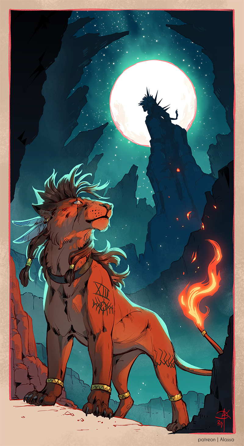 animal animal_collar artist_name artofalassa bangle beads body_markings border bracelet brown_border canyon claws collar facial_mark father_and_son feather_hair_ornament feathers final_fantasy final_fantasy_vii final_fantasy_vii_rebirth final_fantasy_vii_remake fire flame-tipped_tail full_body full_moon hair_beads hair_ornament highres jewelry moon night night_sky no_humans orange_fur outdoors red_hair red_xiii scar scar_across_eye scar_on_face seto_(ff7) sidelocks silhouette sky star_(sky) starry_sky tail yellow_eyes