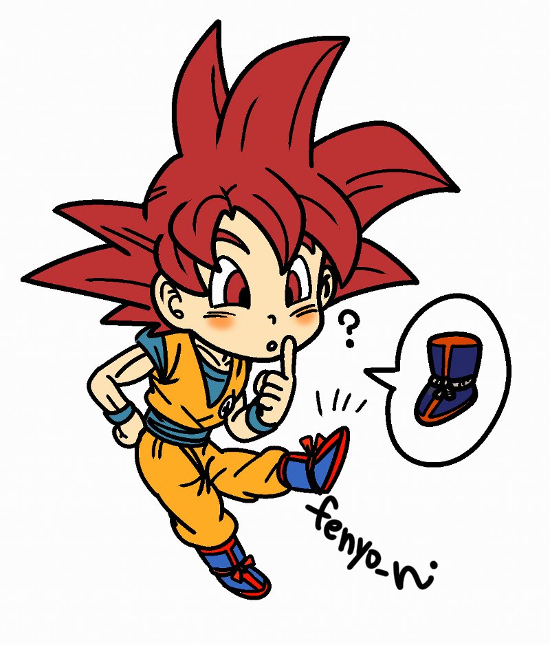 1boy ? ^^^ artist_name blue_boots blush blush_stickers boots chibi clenched_hand clothes_writing collarbone commentary_request curious dougi dragon_ball dragon_ball_super dragon_ball_z dragon_ball_z_kami_to_kami fenyon finger_to_cheek floating full_body hand_on_own_hip looking_down male_focus red_eyes red_hair simple_background solo son_goku speech_bubble spiked_hair super_saiyan super_saiyan_god white_background wristband
