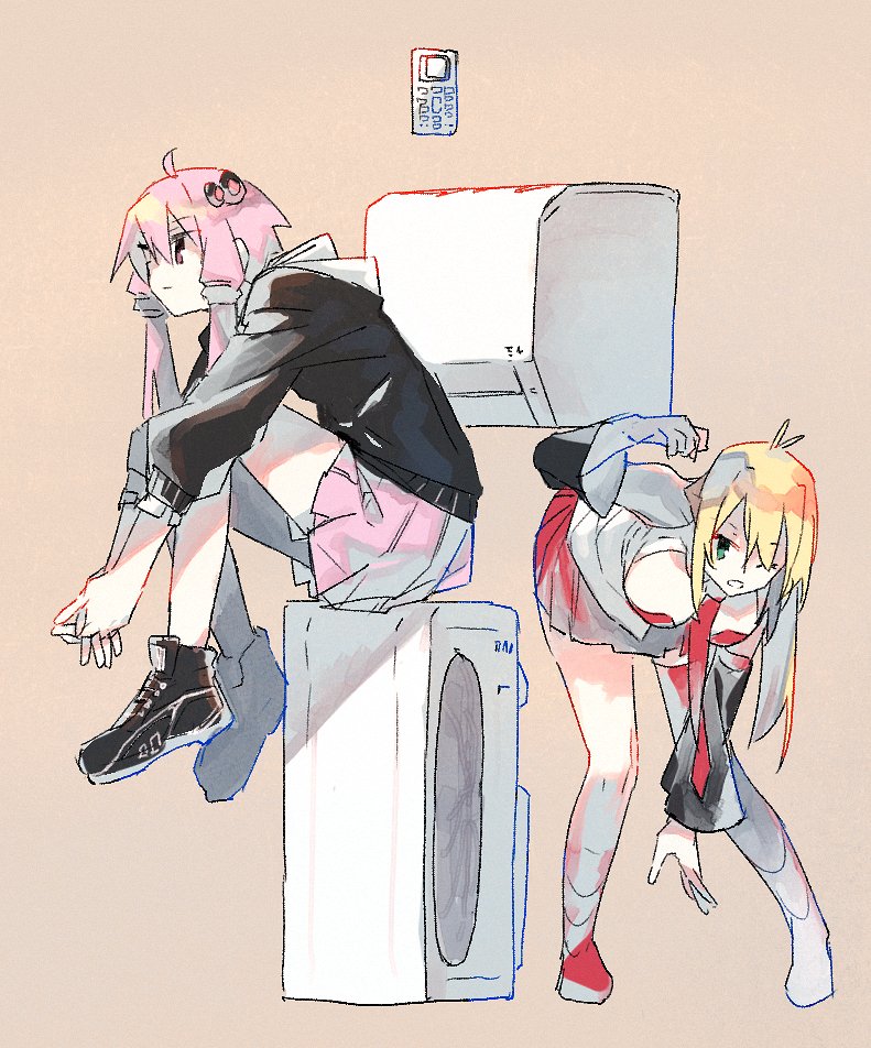 2girls ahoge air_conditioner antenna_hair bent_over black_footwear black_hoodie blonde_hair breasts brown_background closed_mouth commentary_request condenser_unit detached_sleeves expressionless full_body green_eyes hair_ornament hitogome hood hood_down hoodie interlocked_fingers knees_to_chest large_breasts long_hair long_sleeves looking_ahead looking_at_viewer multiple_girls necktie one_eye_closed open_clothes open_mouth open_shirt own_hands_together pink_hair pink_skirt pleated_skirt purple_eyes red_necktie red_skirt shirt shoes short_hair_with_long_locks sidelocks simple_background sitting sitting_on_object skirt sleeveless sleeveless_shirt three-quarter_sleeves sneakers standing tsurumaki_maki vocaloid voiceroid white_shirt yuzuki_yukari