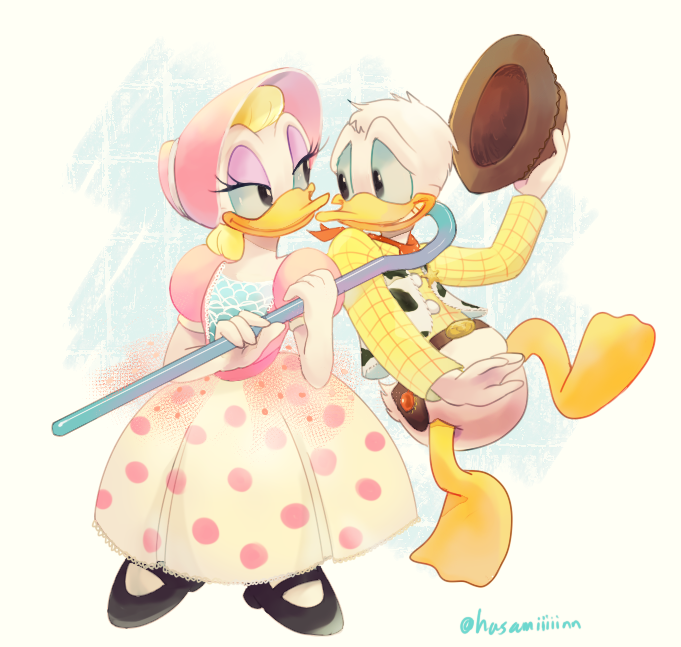 1boy 1girl animal_print belt_buckle bo_peep_(toy_story) bo_peep_(toy_story)_(cosplay) boots buckle cosplay cow_print cowboy_hat daisy_duck donald_duck dress eyelashes hat looking_at_viewer mickey_mouse_&amp;_friends pants sarara1119 sheriff_woody sheriff_woody_(cosplay) smile toy_story