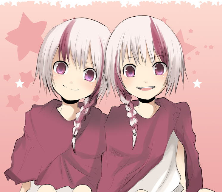 1boy 1girl artemisia bad_id bad_pixiv_id braid brother_and_sister cape eleuseus hagino_makoto looking_at_viewer moira multicolored_hair open_mouth purple_eyes purple_hair short_hair_with_long_locks siblings side_braid single_braid smile sound_horizon star_(symbol) symmetry twins two-tone_hair white_hair aged_down