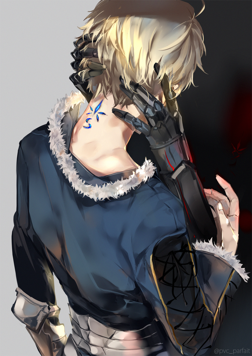 2boys ahoge armor arthur_pendragon_(fate) arthur_pendragon_alter_(fate) artist_name black_background black_ribbon blonde_hair blue_shirt body_markings commentary_request dual_persona fate/grand_order fate_(series) faulds fingernails from_behind fur-trimmed_shirt fur_trim gauntlets grey_background hand_up hands_on_another&#039;s_face hands_up highres long_sleeves male_focus multiple_boys pvc_parfait ribbon selfcest shirt short_hair single_gauntlet solo_focus standing two-tone_background wide_sleeves yaoi