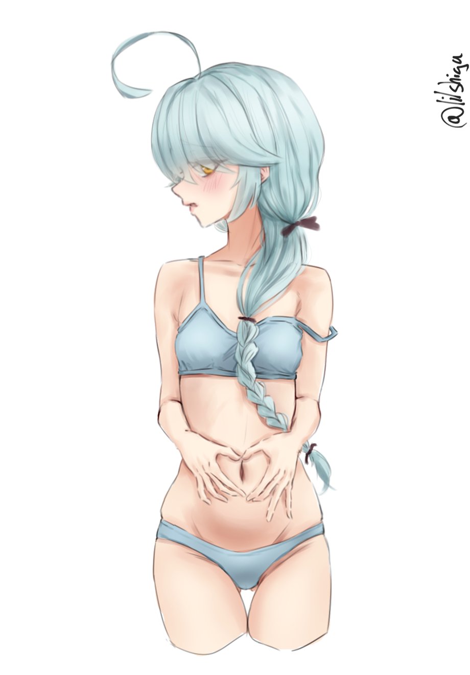 1girl ahoge bra braid breasts cropped_legs gluteal_fold grey_bra grey_hair grey_panties hair_over_eyes hamanami_(kancolle) heart heart_hands heart_hands_over_stomach highres kantai_collection lilshigu long_hair looking_to_the_side navel one-hour_drawing_challenge panties simple_background single_braid small_breasts solo strap_slip thigh_gap training_bra twitter_username underwear white_background