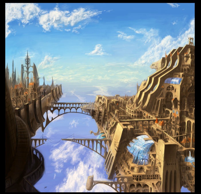 above_clouds akitu_kouta black_border blue_sky border building city cityscape cloud commentary_request day fantasy floating_island no_humans original outdoors scenery sky