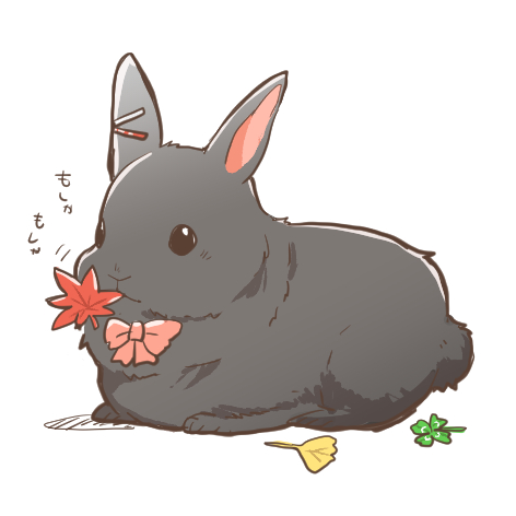 animal animalization bow chibi clover eating four-leaf_clover ginkgo_leaf hair_ornament hairclip leaf lowres maple_leaf nijisanji pink_bow rabbit rebecca_(keinelove) simple_background solo translation_request tsukino_mito virtual_youtuber white_background