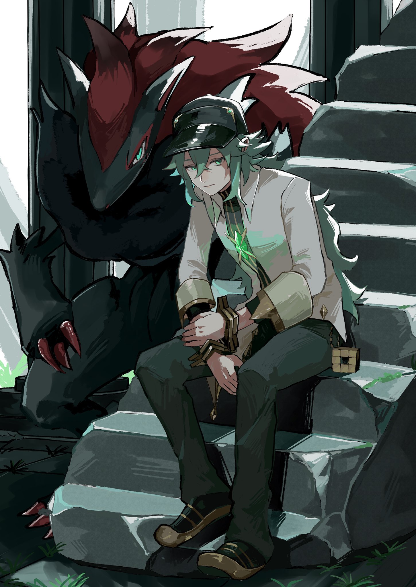 1boy black_hat closed_mouth game_freak gen_5_pokemon green_eyes green_hair hair_between_eyes hat highres long_hair long_sleeves looking_at_viewer male_focus n_(arc_suit)_(pokemon) n_(pokemon) nintendo official_alternate_costume pants pokemon pokemon_(creature) pokemon_masters_ex shirt sitting syusyaku white_shirt zoroark