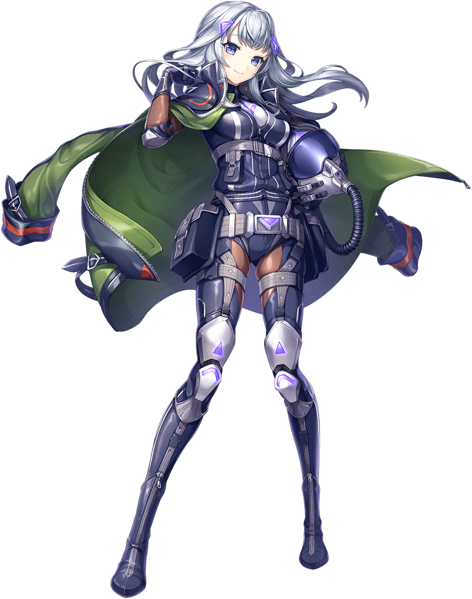 1girl artist_request belt breasts full_body game_cg glen_(unitia) grey_eyes grey_hair hand_in_own_hair helmet highres jacket knee_armor light_smile official_art open_clothes open_jacket pilot_helmet solo source_request transparent_background unitia zipper