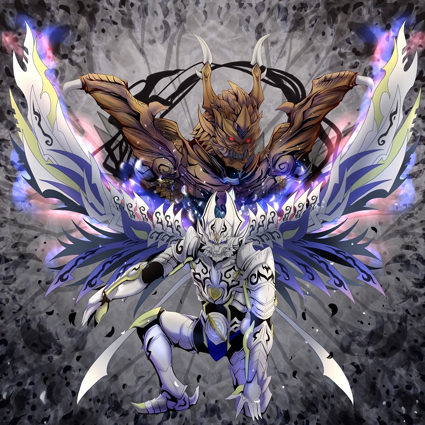 2boys armor full_armor gairyu_(garo) garo_(series) glowing glowing_eyes gradient_background horns multiple_boys red_eyes satoi_(baudy) sharp_teeth teeth tokusatsu wings zero_(garo) zero_dragon_blood_(series)