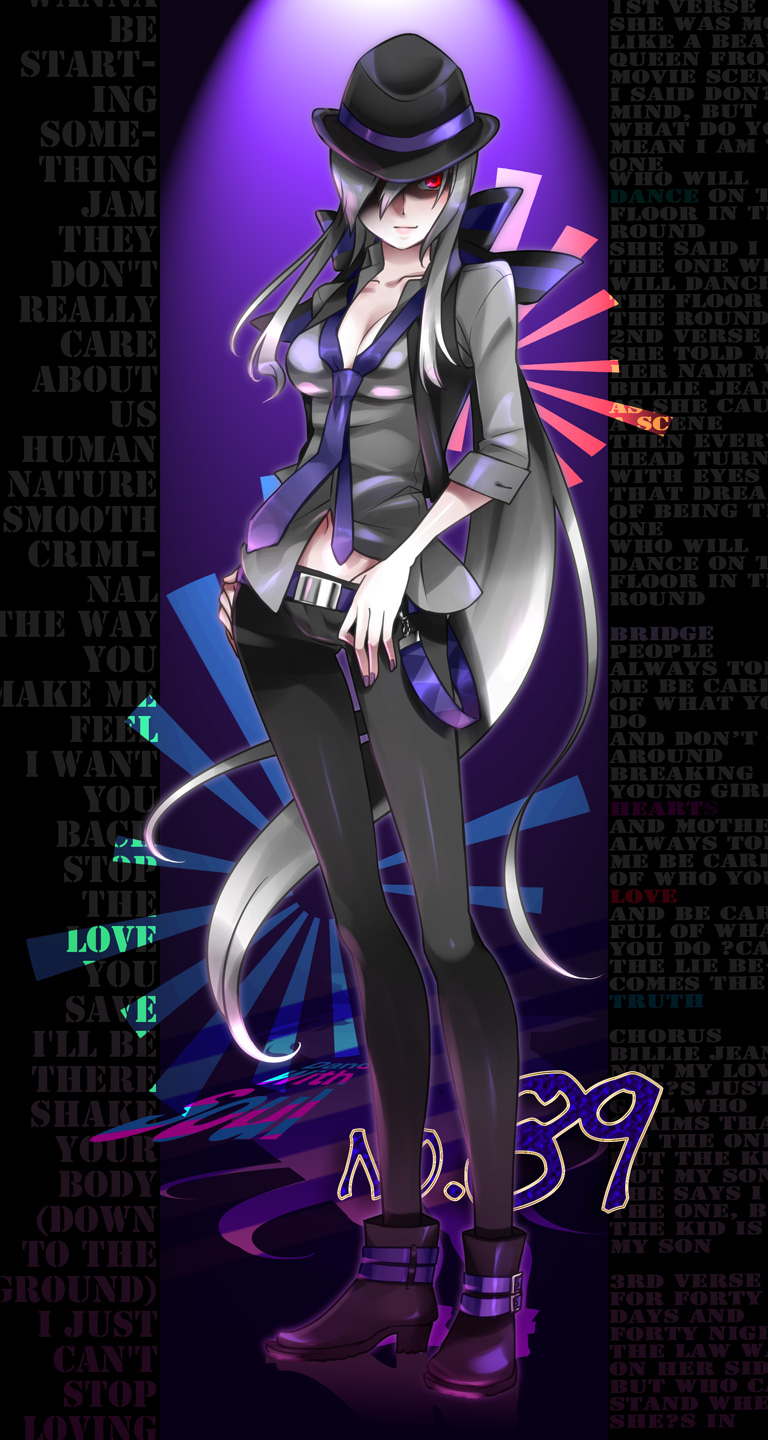 1girl billie_jean caffein clothes_pull fedora female_focus hair_over_one_eye hat highres long_hair michael_jackson nail_polish navel necktie pants pants_pull ponytail purple_nails real_life red_eyes shoes silver_hair smile solo vocaloid yowane_haku
