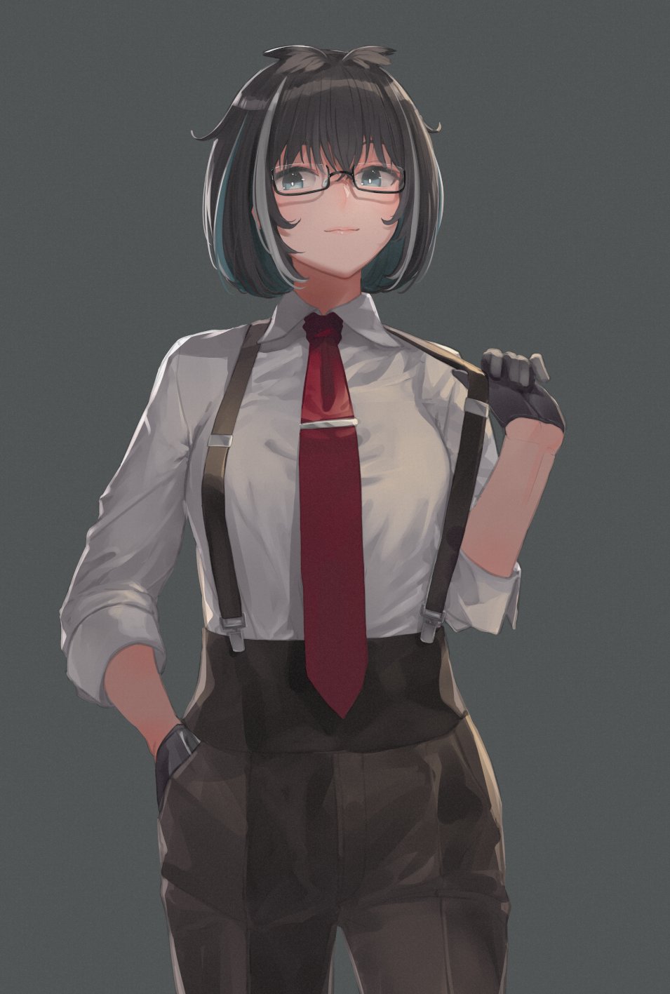 1girl alternate_costume animare atsushima black_gloves black_hair black_pants blue_eyes blue_hair breasts closed_mouth collared_shirt commentary_request cowboy_shot gloves grey_background grey_hair hand_on_own_hip highres looking_at_viewer medium_breasts nanashi_inc. necktie office_lady oura_rukako pants red_necktie shirt shirt_tucked_in short_hair simple_background smile solo suspenders tie_clip virtual_youtuber white_shirt